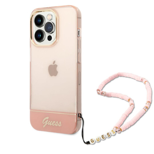 Guess Maroquinerie - Guess Coque arrière rigide pour iPhone 14 pro max - Translucide avec sangle Rose - Coque, étui smartphone Guess Maroquinerie