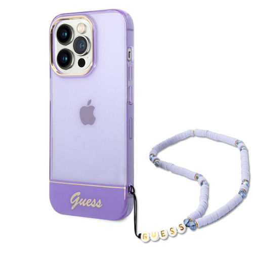 Guess Maroquinerie - Guess Coque arrière rigide pour iPhone 14 pro max - Translucide avec sangle Violet Guess Maroquinerie  - Guess Maroquinerie
