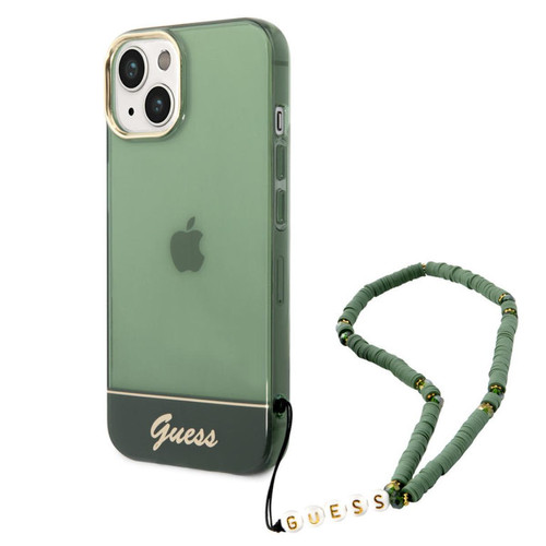 Guess Maroquinerie - Guess Coque arrière rigide pour iPhone 14 - Translucide avec sangle Vert Guess Maroquinerie  - Guess Maroquinerie