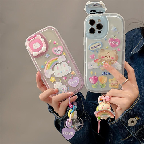 GUPBOO - Étui pour iPhone11 Étui pour téléphone portable dessin animé résistant aux chutes pour fille avec ours arc-en-ciel et lapin après la pluie d'été GUPBOO  - Telephone portable resistant