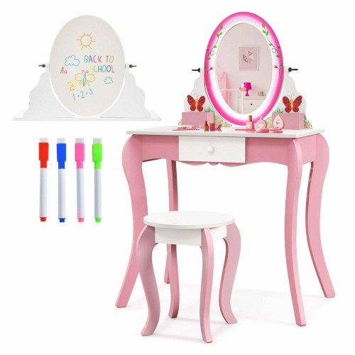 Coiffeuse Helloshop26 Coiffeuse enfants avec tabouret et miroir rotatif à 360° tableau blanc au dos table de maquillage avec tiroir et 4 marqueurs rose 20_0002486