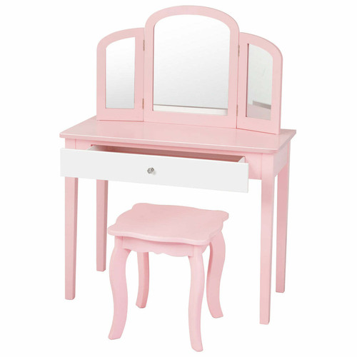 Helloshop26 - Ensemble coiffeuse et chaise avec miroir pliable pour enfants table et tabouret de maquillage de style princesse rose et blanc 20_0002681 Helloshop26  - Coiffeuse enfant bois