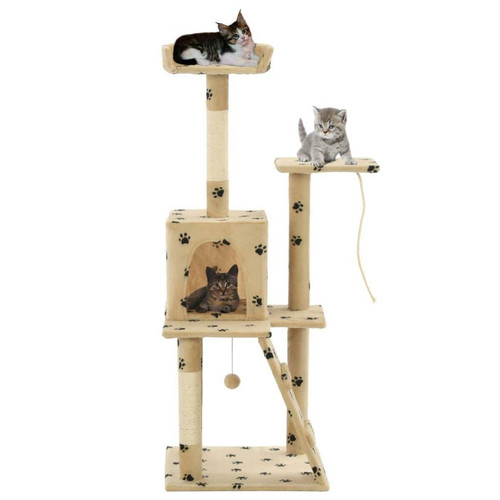 Helloshop26 - Arbre à chat griffoir grattoir niche jouet animaux peluché en sisal 120 cm beige motif pattes 3702138 Helloshop26  - Arbre à chat