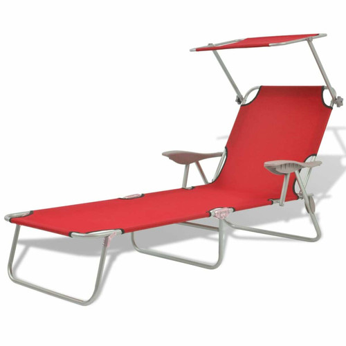 Helloshop26 - Transat chaise longue bain de soleil lit de jardin terrasse meuble d'extérieur 189 cm avec auvent acier rouge 02_0012269 Helloshop26  - Helloshop26