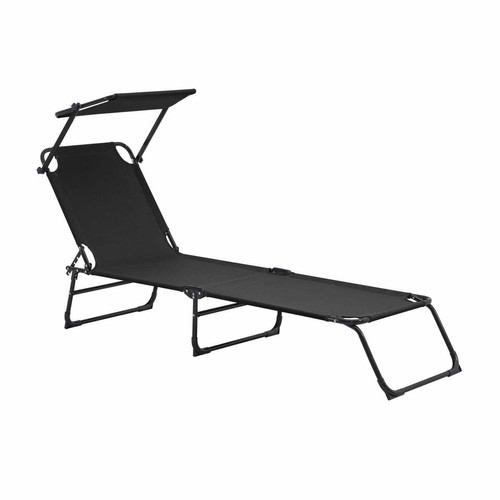Helloshop26 - Bain de soleil transat chaise longue pliable avec pare-soleil acier PVC polyester 187 cm noir 03_0000990 Helloshop26  - Transats, chaises longues