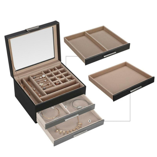 Helloshop26 Boîte à bijoux avec couvercle en verre coffret à bijoux à 3 niveaux avec 2 tiroirs présentoir organisateur idée cadeau noir 12_0002113