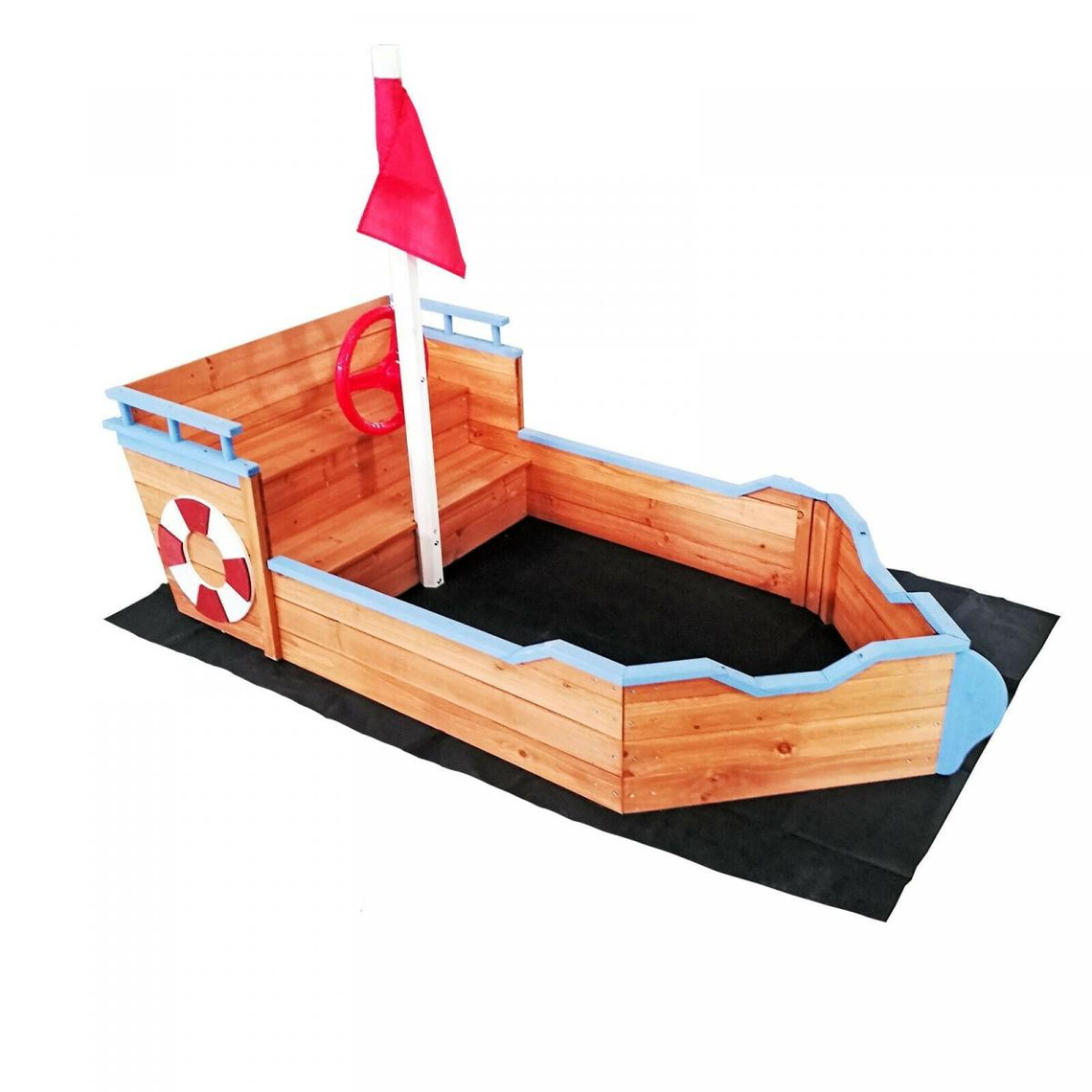 Helloshop26 Bac à sable forme bateau avec banc et drapeau 160 cm bois sol non-tissé 16_0002202