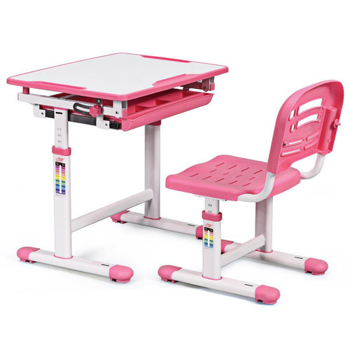 Helloshop26 - Bureau enfant ergonomique hauteurs et angle réglable 0-40° ensemble table avec chaises table à dessin avec 1 tiroir rose 20_0000333 - Lit enfant avec bureau
