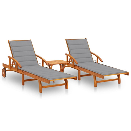 Helloshop26 - Lot de 2 transats chaise longue bain de soleil lit de jardin terrasse meuble d'extérieur avec table et coussins acacia solide 02_0012103 Helloshop26  - Transats, chaises longues