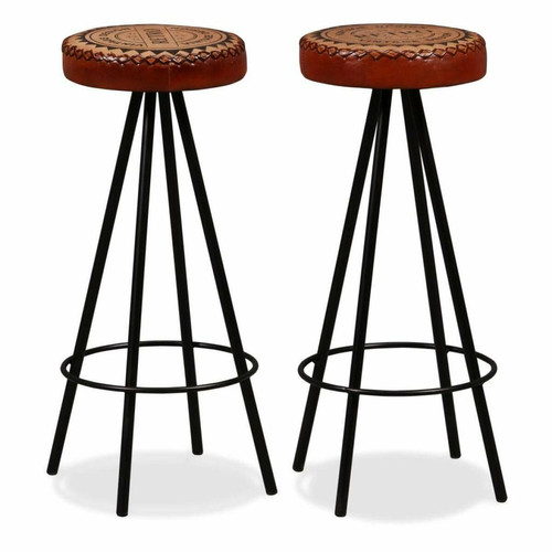 Helloshop26 - Lot de deux tabourets de bar design chaise siège cuir véritable et toile marron 1202167 Helloshop26  - Helloshop26