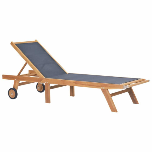 Helloshop26 - Transat chaise longue bain de soleil lit de jardin terrasse meuble d'extérieur pliable avec roulettes teck massif et textilène 02_0012862 Helloshop26  - Chaise longue teck