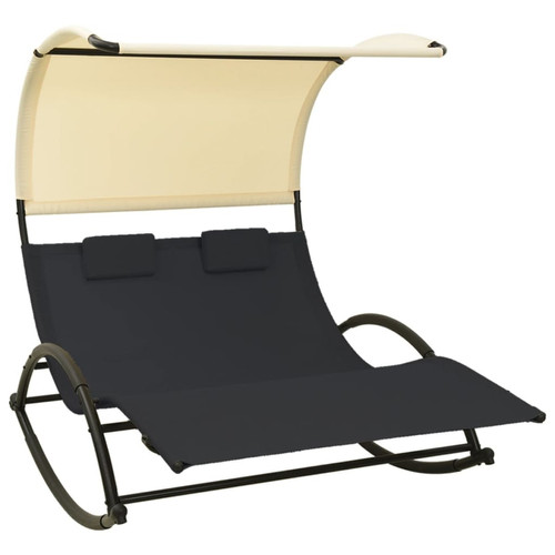 Helloshop26 - Transat chaise longue bain de soleil lit de jardin terrasse meuble d'extérieur double avec auvent textilène noir et crème 02_0012723 Helloshop26  - Jardin