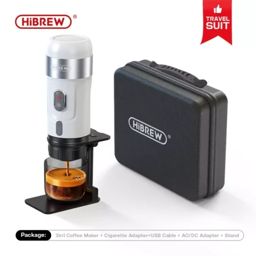 HiBREW - H4A - Machine a Cafe Portable, 3 en 1 Cafetiere Expresso 12V, Compatible avec Capsules Nes* Original, DG*, Café Moulu, 60ml, 80W, Camping, Voiture (Premium,Blanc) HiBREW  - Machine a cafe moulu