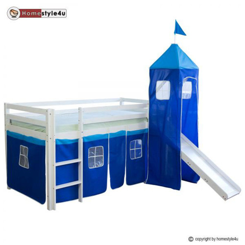 Homestyle4U - Lit Simple Blanc 90x200 en hauteur avec echelle Rideau et Tour Bleu et Toboggan Homestyle4U  - Lit enfant Bleu, rouge, vert
