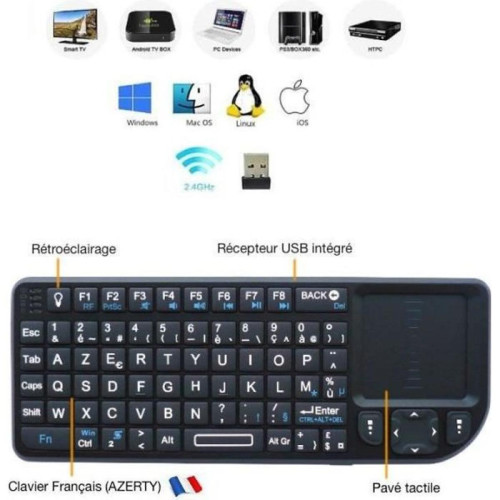 Clavier marque generique Rii Mini Clavier K01X1 sans fil(AZERTY) 2,4 GHz avec Touchpad pour PC, PAD, XBox 360, PS3, TV box Google Android, HTPC, IPTV