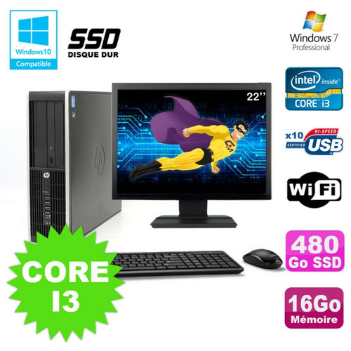 Hp - Lot PC HP Elite 8200 SFF Core I3 3.1GHz 16Go 480Go SSD DVD WIFI W7 + Ecran 22 Hp  - PC Fixe Hp