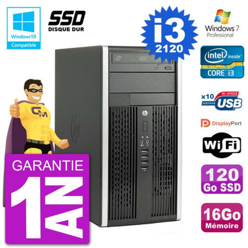 Hp - PC HP 6300 MT Intel Core I3-2120 RAM 16Go SSD 120Go Graveur DVD Wifi W7 Hp  - Bonnes affaires PC Fixe
