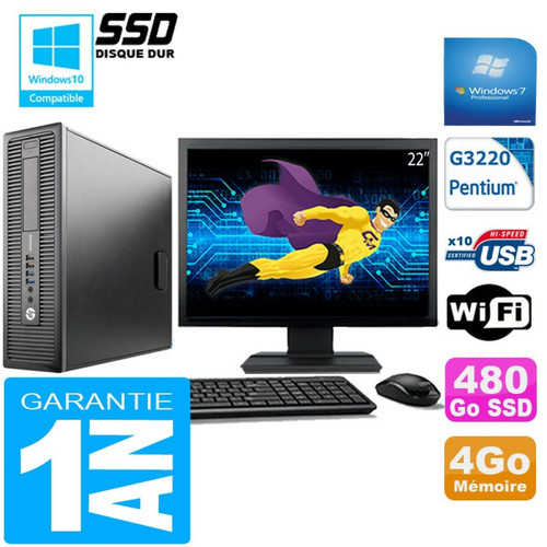 Hp - PC HP EliteDesk 800 G1 SFF Intel G3220 4 Go Disque 480 Go SSD Wifi W7 Ecran 22" Hp  - PC Fixe