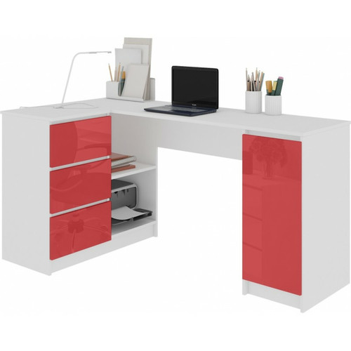 Hucoco - BALAUR - Bureau informatique d'angle contemporain 155x85x77 cm - 3 tiroirs gloss  - Table ordinateur multi-rangements - Blanc/Rouge laqué - Chambre Enfant Rouge