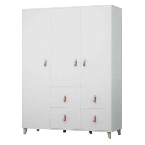 Armoire enfant Hucoco FIGO - Armoire 3 portes style scandinave - 4 tiroirs + tringle à vêtements - 201x150x55 cm - Blanc