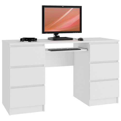 Bureaux Hucoco GOYA - Bureau informatique moderne 135x77x50 cm - 6 tiroirs + support clavier - Gaming  - Table ordinateur multi-rangements - Blanc