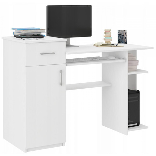 Hucoco - BERGEN | Bureau moderne d'ordinateur | 120x76x50 cm | Bureau ordinateur PC | Support clavier + étagère imprimante - Blanc - Bergen