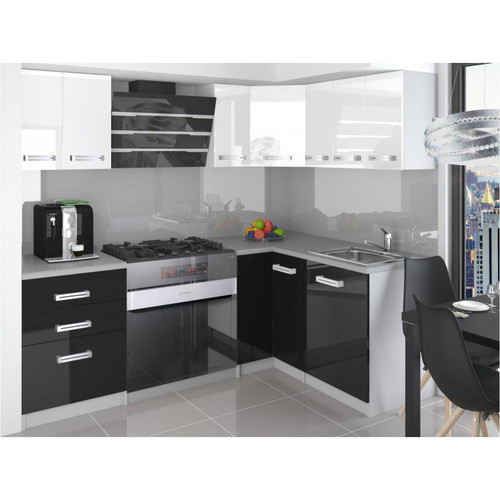 Hucoco - ESTRADA - Cuisine Complète d'angle + Modulaire  L 300 cm 8pcs - Plan de travail INCLUS - Ensemble armoires meubles cuisine - Blanc-Noir - Cuisine complète