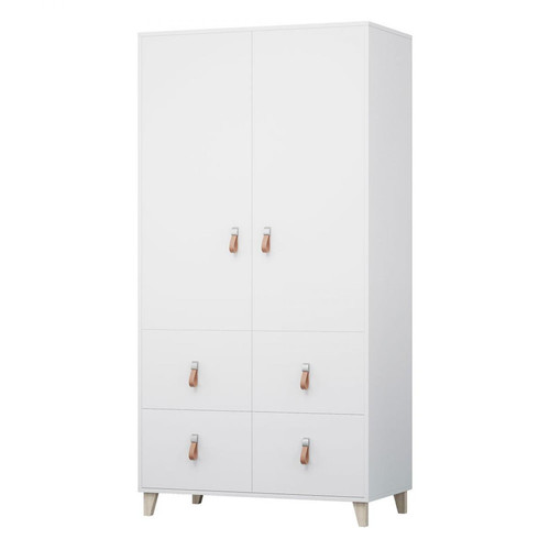 Hucoco - FIGO - Armoire 2 portes style scandinave - 4 tiroirs + tringle à vêtements - 202x104x55 cm - Blanc - Armoire enfant