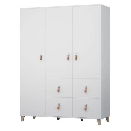 Hucoco - FIGO - Armoire 3 portes style scandinave - 4 tiroirs + tringle à vêtements - 201x150x55 cm - Blanc - Armoire enfant