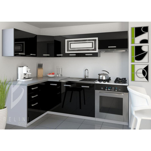 Hucoco - LOUKA - Cuisine Complète d'angle + Modulaire  L 360cm 9 pcs - Plan de travail INCLUS - Ensemble armoires meubles de cuisine - Noir - Cuisine complète