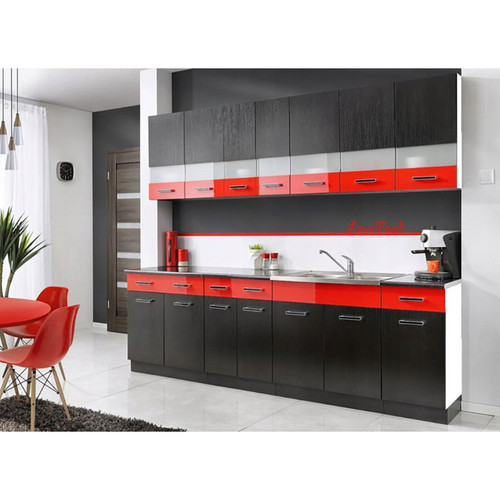 Hucoco - PAROS - Cuisine Complète L 2,6 m 8 pcs +  Plan de travail INCLUS - Ensemble meubles de cuisine linéaires - Armoires cuisine - Noir/Rouge - Cuisine complète