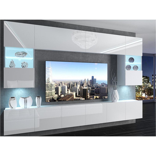 Hucoco - PRINS -  Ensemble meubles TV + LED - Unité murale style moderne - Largeur 300 cm - Mur TV à suspendre - Blanc - Hucoco