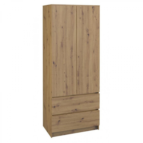 Hucoco - TURIN | Armoire style moderne chambre salon | Penderie multifonctions | 2 portes + tiroirs | Dressing | Système TIP-ON - Chêne - Dressing Chambre