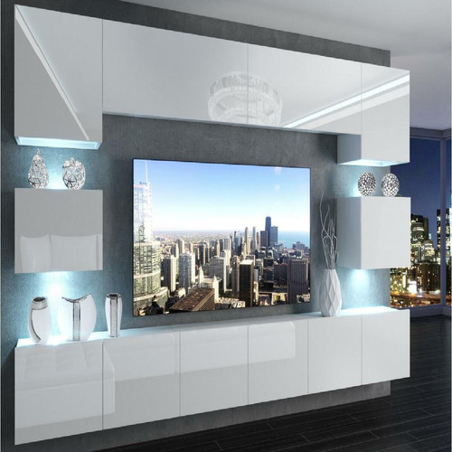 Hucoco - KLARI | Ensemble meubles TV | Unité murale style moderne | Largeur 300 cm | Mur TV à suspendre finition gloss - Blanc - Hucoco
