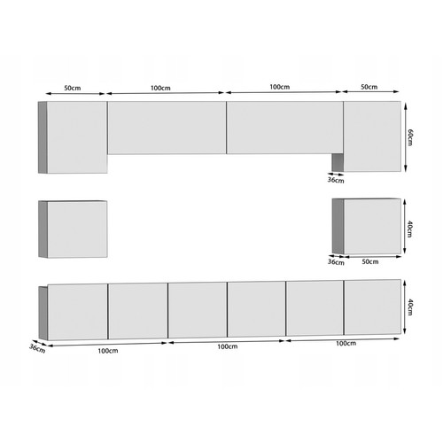Hucoco KLARI - Ensemble meubles TV - Unité murale largeur 300 cm - Mur TV à suspendre finition gloss - Sans LED - Blanc
