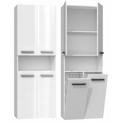 Hucoco - MOBY - Armoire de salle de bain avec deux paniers - Poignées minimalistes - Dimensions : 174x60x30 - Colonne de rangement - Blanc - Meuble de rangement 30 cm de profondeur