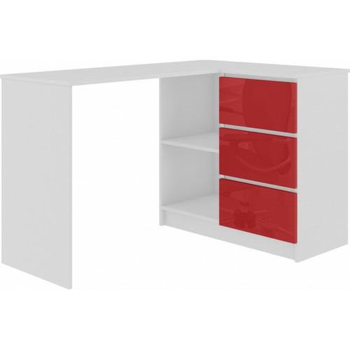 Hucoco - SUNDAR - Bureau informatique d'angle moderne 124x85x77 - 3 tiroirs + 2 grandes niches - Table ordinateur multi-rangements - Blanc/Rouge laqué - Chambre Enfant Rouge