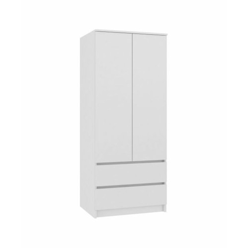 Hucoco - TURIN - Armoire chambre bureau - Penderie multifonctions - 2 portes - 2 grands tiroirs - Meuble de rangement - Dressing - blanc - Chambre Blanc, brun gris