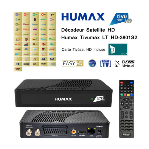 Humax - Pack Tivùsat Décodeur Satellite HD Humax Tivumax LT HD-3801S2 + Carte Tivùsat HD Activation Comprise - DVB-S2 HEVC Main 10 (10bit) Easy HD par Tivùsat Humax  - Adaptateur TNT
