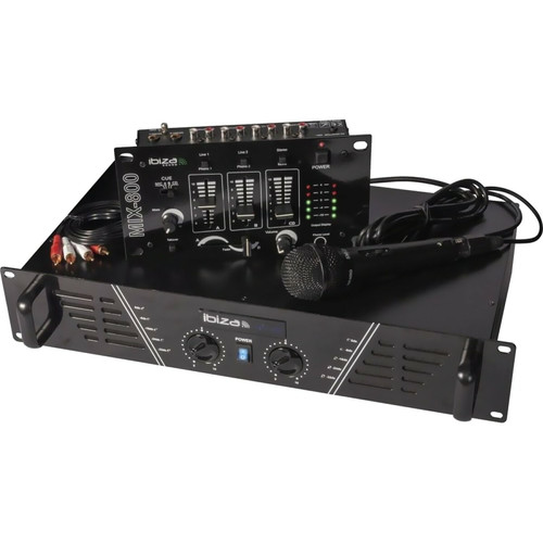 Bmi KIT DE SONORISATION COMPLET Disco 480W IBIZA SOUND DJ300 Ampli - Table de mixage - Enceintes - Micro, Jeu de Lumière OVNI LED