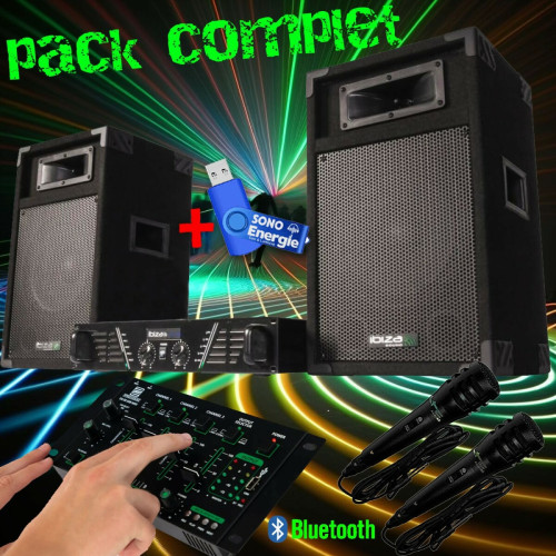 Packs DJ Ibiza Sound Pack sono complet karaoké ibiza  DJ300  480W + table de mixage bluetooth + 2  HP + 2 micros + clé USB 32gigas
