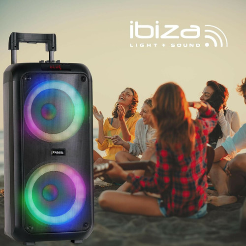 Retours de scène Ibiza - VENUS600 - Enceinte portable sur batterie de 2x8"/20 cm et 600W Effet lumineux, micro filaire - Bluetooth, USB