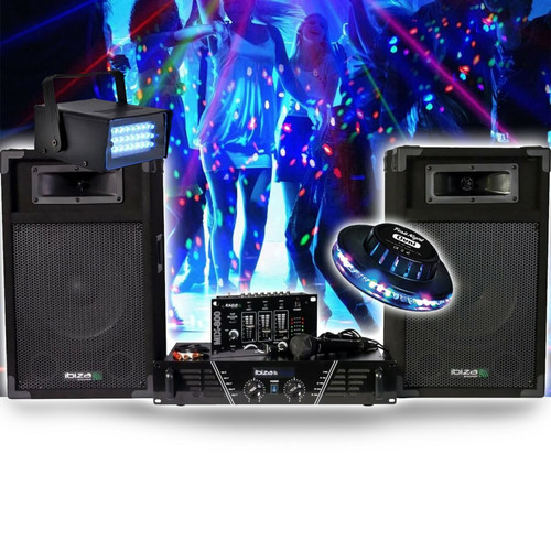 Packs DJ Bmi PACK SONORISATION COMPLET Disco 480W IBIZA SOUND DJ300 Ampli - Table de mixage - Enceintes - Micro, Jeu Lumière OVNI STROBE LED