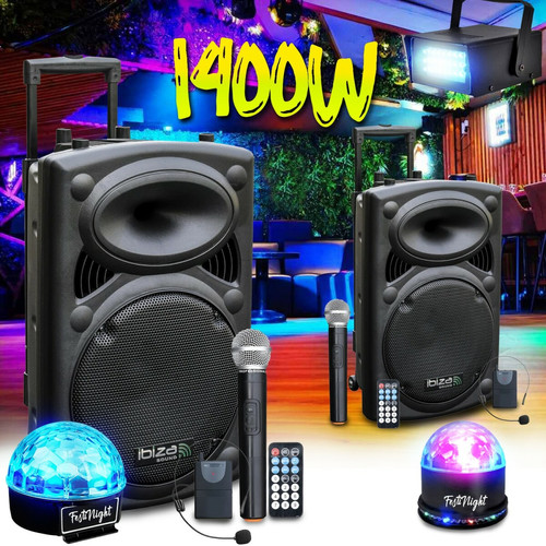 Bmi - Pack Sono DJ Actif Amplifié sur Batterie 1400W IBIZA SOUND Port-12VHF Mariage Karaoké Anniversaire, Soirée, 3 Jeux de lumières Bmi  - Sonos 3