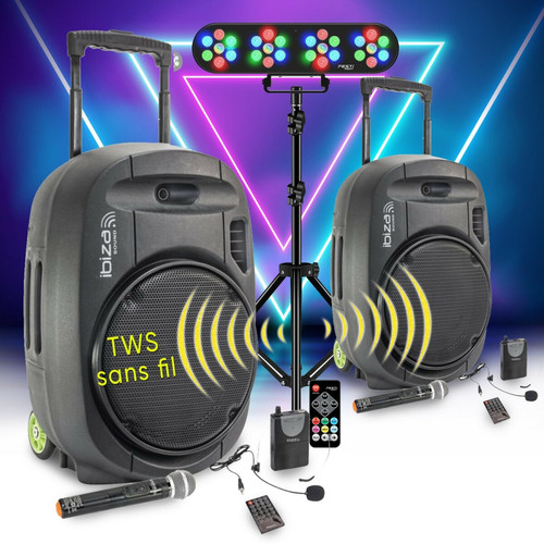 Bmi - Pack SONO DJ 1600W Ibiza PORT15VHF-MKII-TWS, Portable Autonome 15" USB/Bluetooth/ Couplage SANS FIL - Lumières LED, Soirée Bmi  - Retours de scène