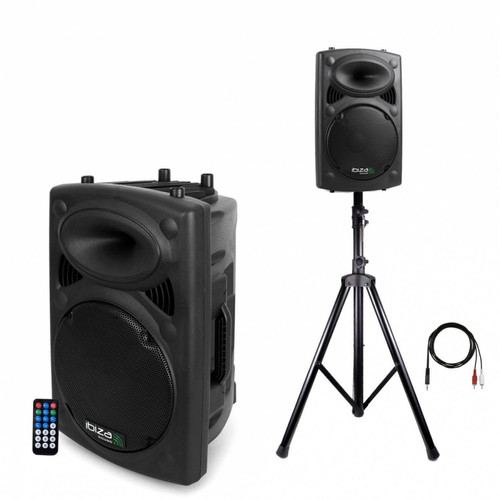 Retours de scène Ibiza Sound Enceinte Dj SONO amplifiée 8" 20cm 200W USB/SD/BT+ pied + câble PC