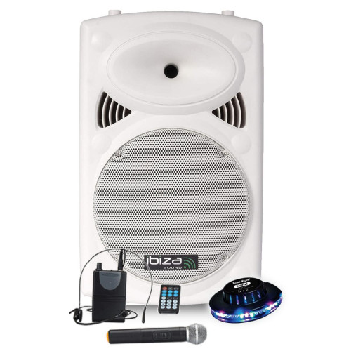 Ibiza Sound - Enceinte autonome Actif 700W - IBIZA PORT12UHF-WH - USB/BT/SD/ RADIO FM + 2 Micros UHF + Jeu de lumière OVNI LED - Sonorisation Ibiza Sound