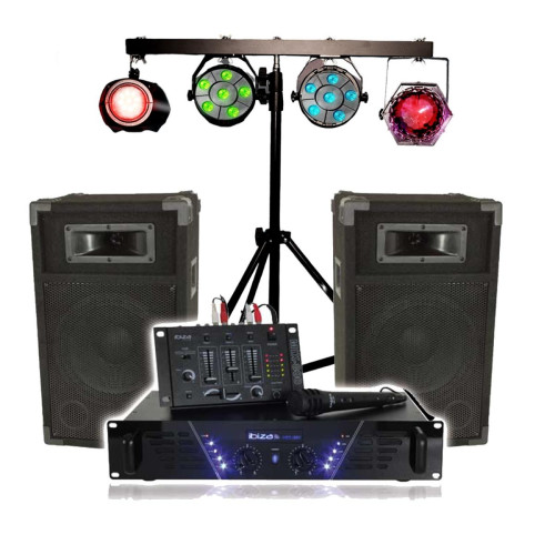 Packs sonorisation Ibiza Sound Kit de sonorisation IBIZA DJ-300, complet avec 2 enceintes, amplificateur, table de mixage, Portique Lumières DJ, Câbles