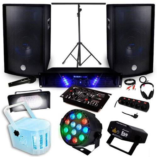 Ibiza Sound - Pack Sono + Light Ampli AMP-300 + HP BMS-12 de 2x600W + Pack 4 lumières Derby KOLOR RVB Strobe Laser PAR-MINI - Sono et éclairages de soirée