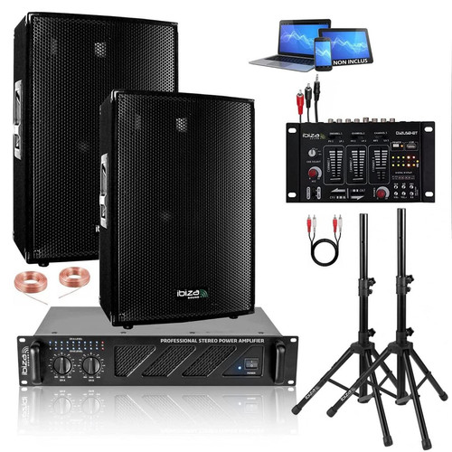 Ibiza Sound - Sonorisation IBIZA SOUND, 2 Enceintes 1200W - Ampli Sono 960w - Table de Mixage DJM USB - Câbles Offerts - PA SONO MIX BAR CLUB - Packs sonorisation